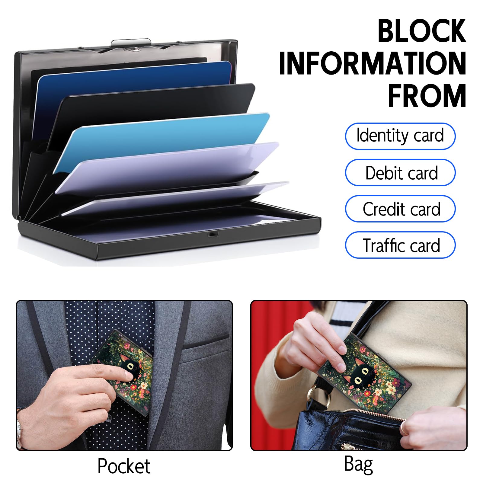 Rfid Blocking Metal Credit Card Wallet–Slim & Durable 6-Slot Card Holder,Stainless Steel Rfid Protection Case for Men & Women,Compact Business Card Organizer,Black Cat Hidden in Flower Bush