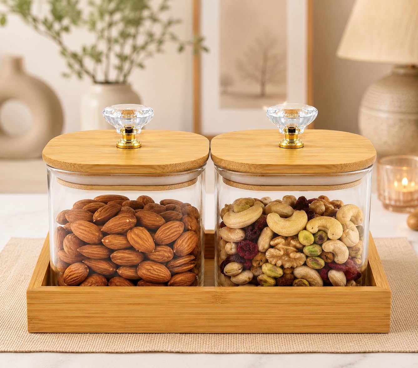 Glass Storage Jars Set of 2 (500ML Each) with Airtight Bamboo Lids & Wooden Tray | Dry Fruit Box | Kitchen Storage Containers | Nut, Cookies, Candy, Tea, Coffee & Sugar Jar Set-picture-38