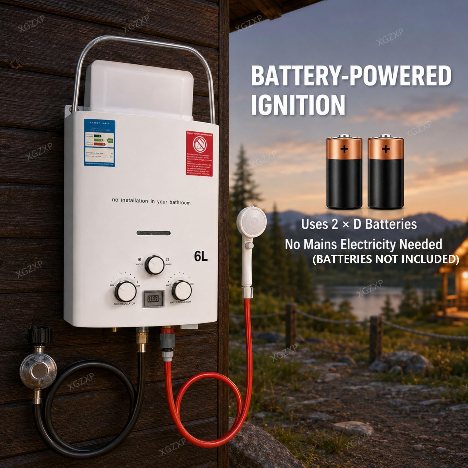 Calentador de agua portátil sin tanque, calentador de agua sin tanque, propano con cabezal de ducha, kit de 6 l/1.58 gpm, calentador de agua caliente instantáneo para uso al aire libre, para camping