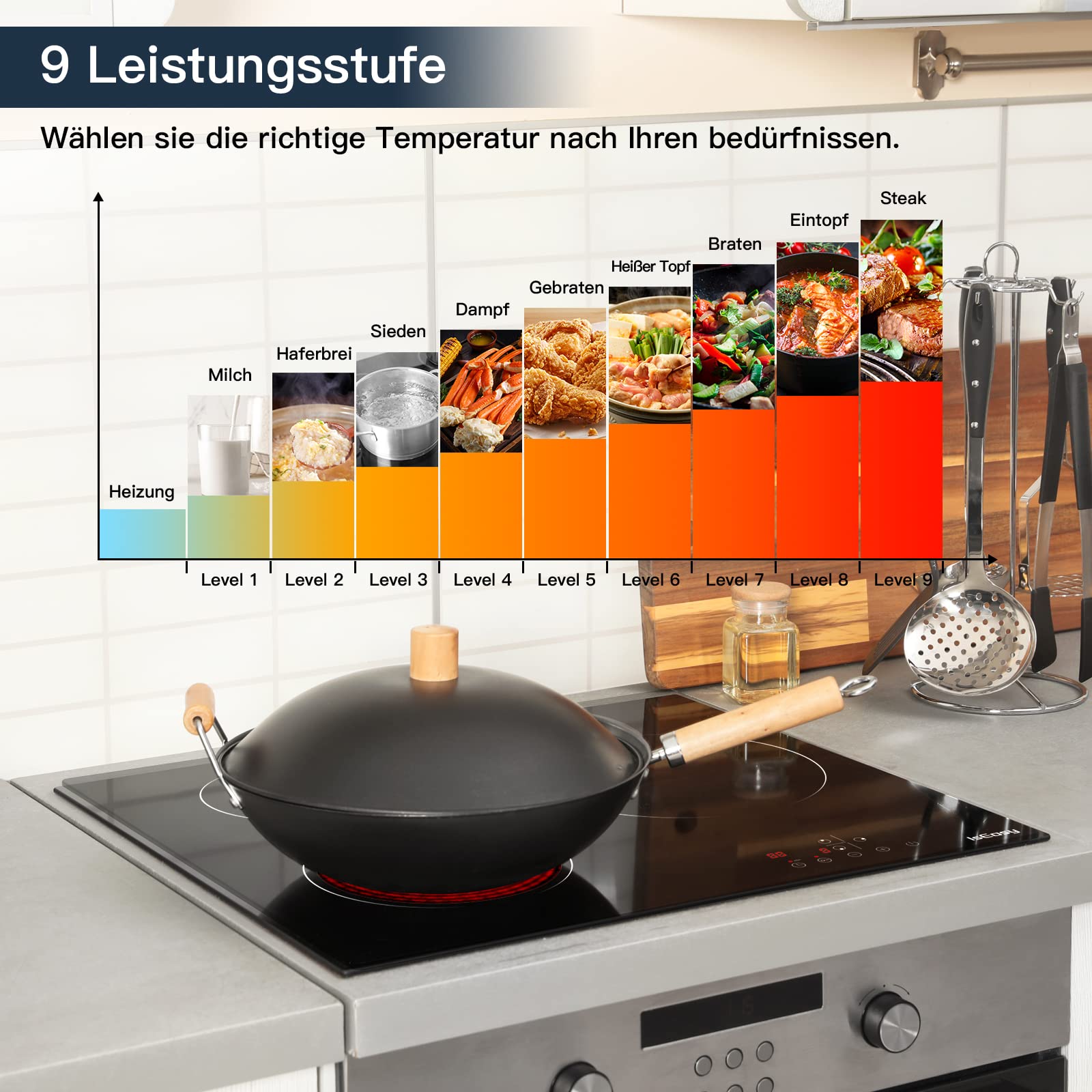 IsEasy Einbau-Glaskeramikkochfeld 59 cm, 3-Zonen, 5500 W, Touch-Bedienung, 9 Heizstufen, automatische Abschaltung, inkl. Anschlusskabel