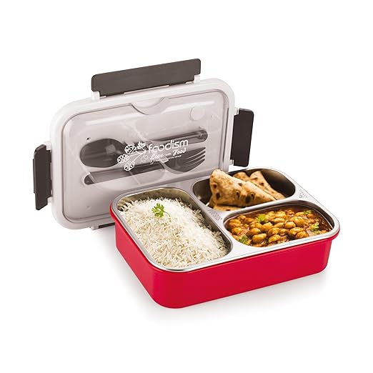 Attro Food Eat 3 Compartment Stainless Steel Lunch Box with Plastic Cutlery Inside, Heating & Water Insulation Design Use for Office, School & Travelling, 750 ml – Red at Rs. 638