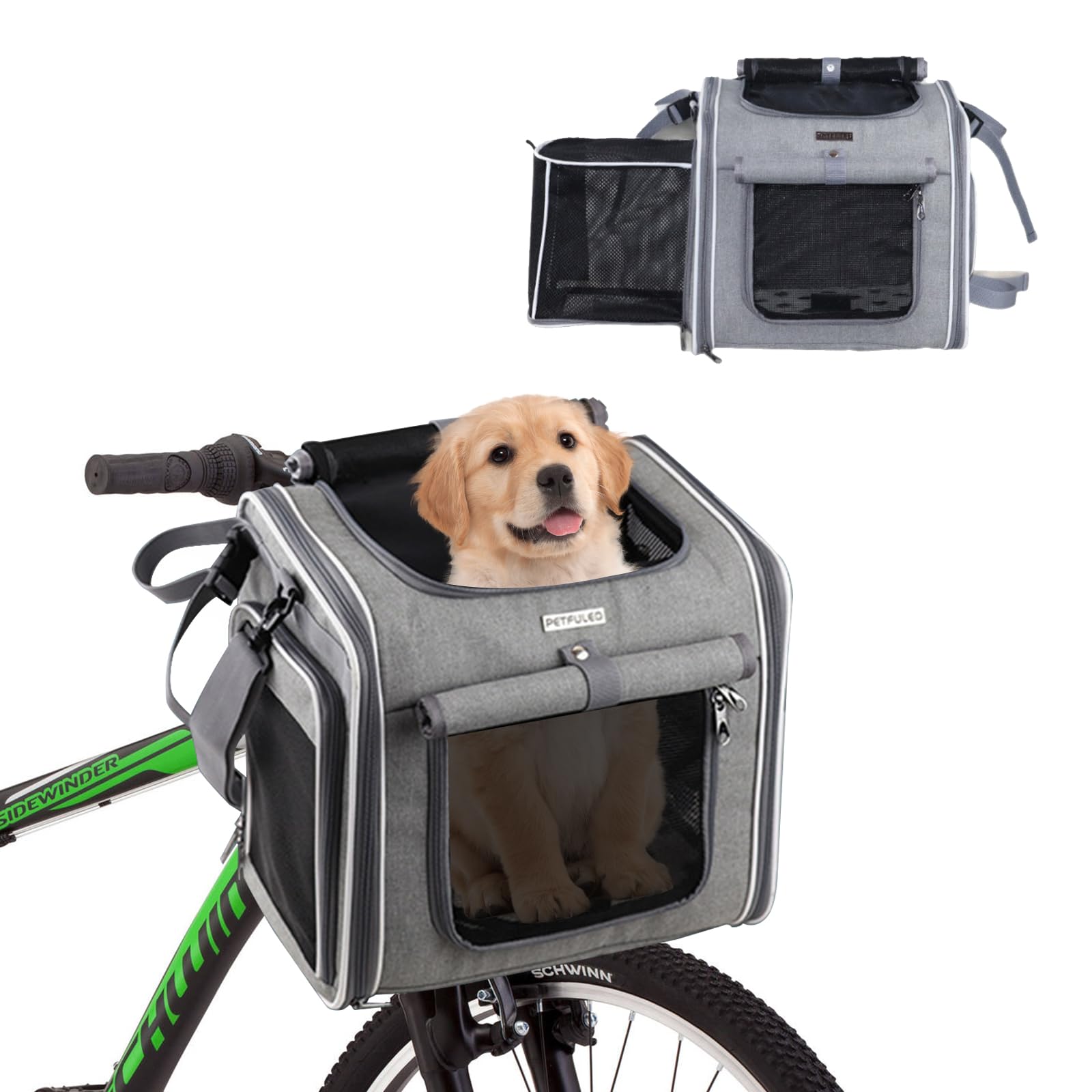 Cesta de perro para bicicleta, desmontable y expandible con 4 ventanas de malla transpirable, cesta de bicicleta para mascotas con correa de hombro ajustable para gatos y perros pequeños
