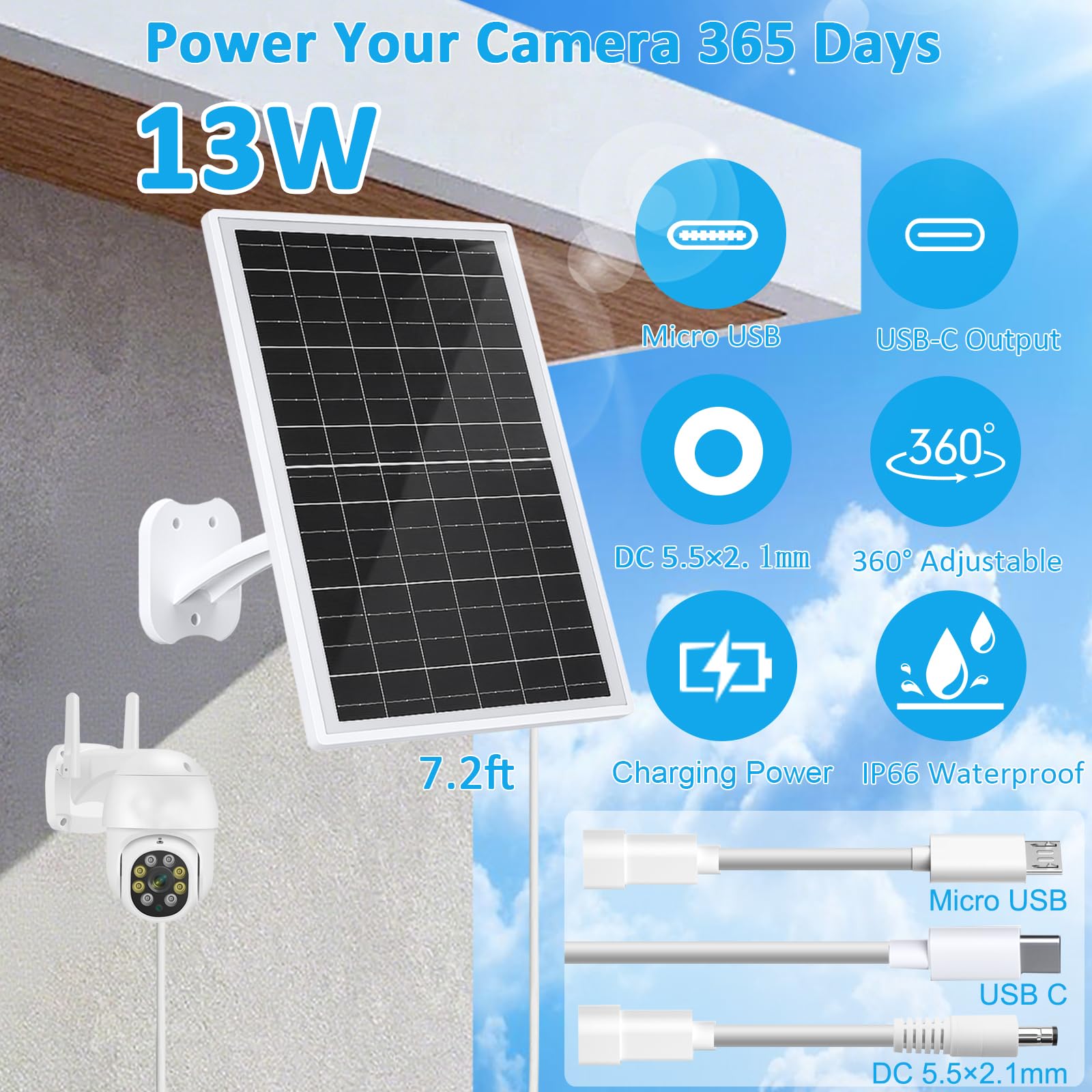 FUTUREZEN Panel solar de 13 W para cámaras de seguridad y cámaras de sendero, USB-C, micro USB y salida CC de 5,5 x 2,1 mm, impermeable IP66, montaje ajustable de 360°, cable de 7.2 pies