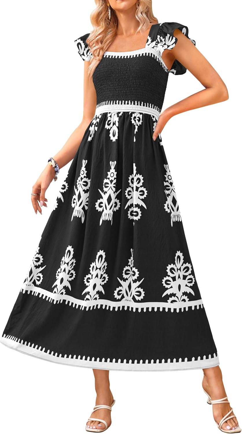 BTFBM Summer Dresses for Women 2026 Floral Smocked Boho Sleeveless Square Neck A Line Casual Beach Maxi Dress Pockets