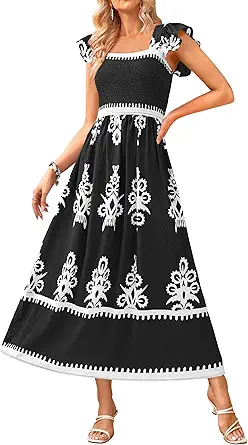 BTFBM Summer Dresses for Women 2025 Floral Smocked Boho Sleeveless Square Neck A Line Casual Beach Maxi Dress Pockets