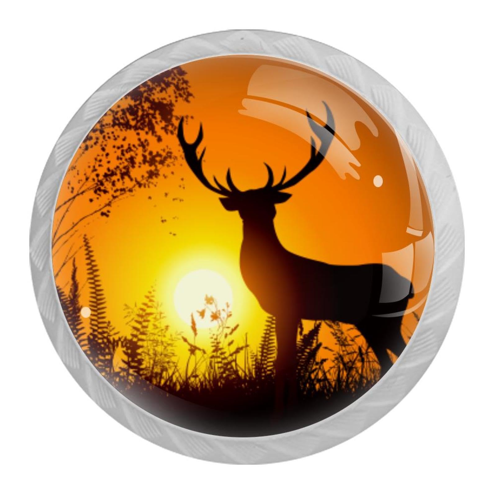 Tqmspg 4 Pieces Drawer Pulls Deer Elk Animal Sunset Landscape Door Knobs Dresser Handles for Kitchen Wardrobe Cupboard Hardware Furniture