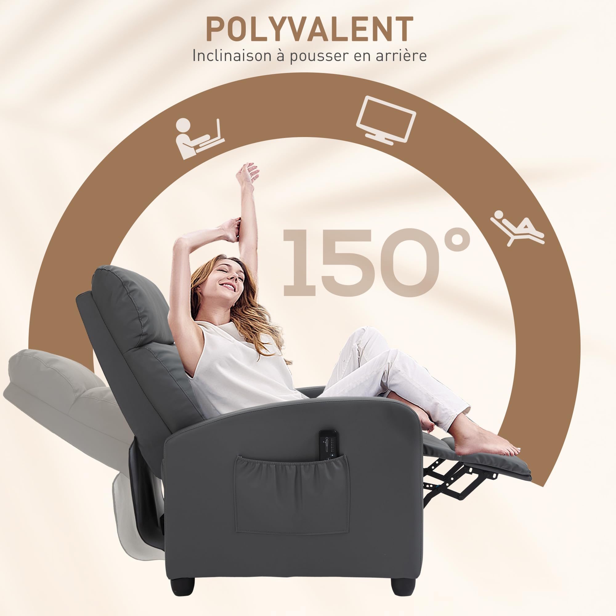 HOMCOM Fauteuil de Relaxation et Massage avec Inclinaison Manuelle Dossier Repose-Pied réglable revêtement synthétique Gris