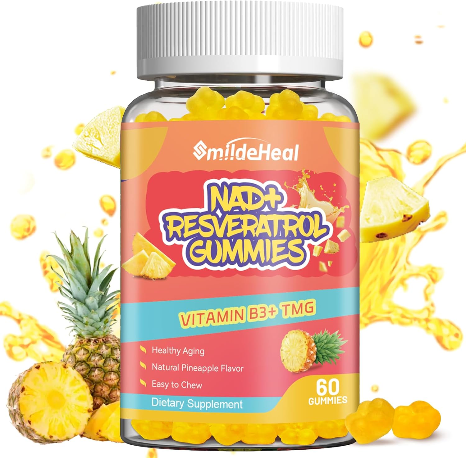 NAD+ Resveratrol Gummies NAD+ Supplement 500mg with Vitamin B3 & TMG – Healthy Aging, Energy & Cellular Health Support – Vegan Friendly, Natural Pectin – 60 Gummies, 30-Day Supply