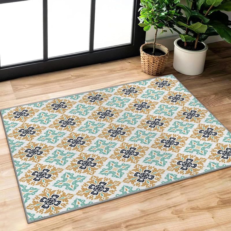 Alfombra de área pequeña de flores de 2 x 3 pulgadas, lavable, alfombra de entrada con estampado retro, suave, antideslizante, para puerta