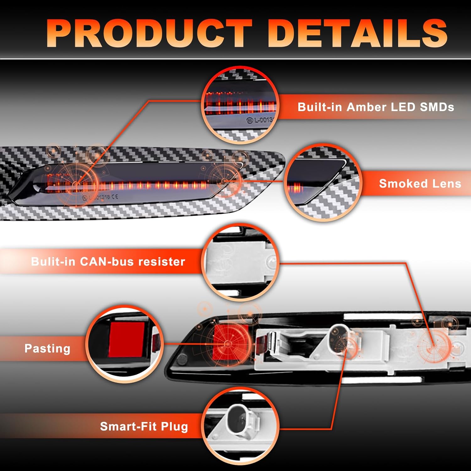 2PCS Front Fender Side Marker Light For BMW Turn Signal Lamp Assembly Carbon Fiber Shell For BMW 1 3 5 Series E82 E88 E90 E91 E92 E93 E60 E61