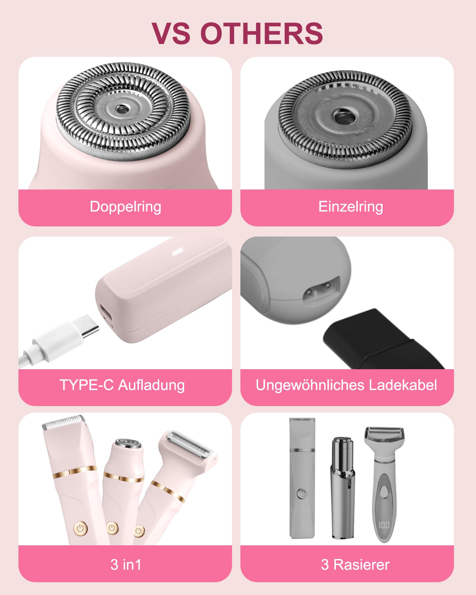 Rasierer Damen,3-In-1 Intimrasierer für Frauen,Gesichtshaarentferner für Frauen,Damenrasierer Elektrisch für Beine, Arme, Achseln und Bikinizone,Wiederaufladbarer Ipx7 Wasserdicht Trimmer Damen, Rosa