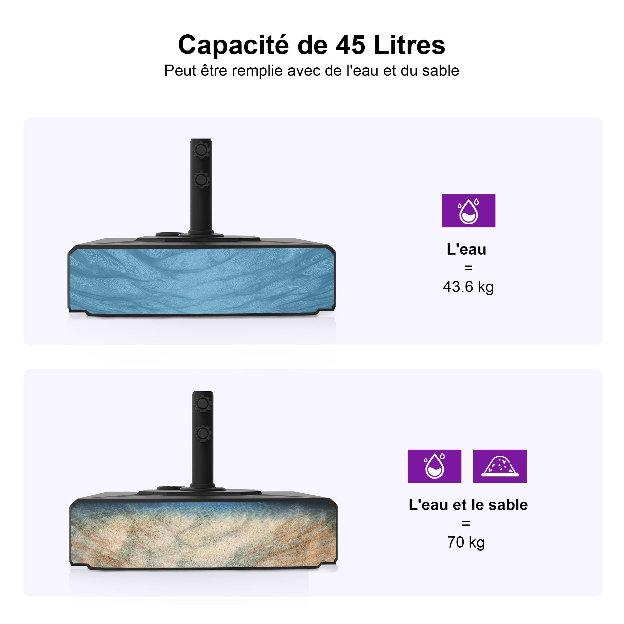 PURPLE LEAF Pied de Parasol MLB45 avec Roues, Charge max 70 kg, Noir Base