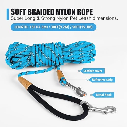 Miniatura 2 de lynxking Correa larga reflectante para perro de 15, 30 y 50 pies, cable de entrenamiento con asa acolchada, cuerda resistente para cachorros, perros