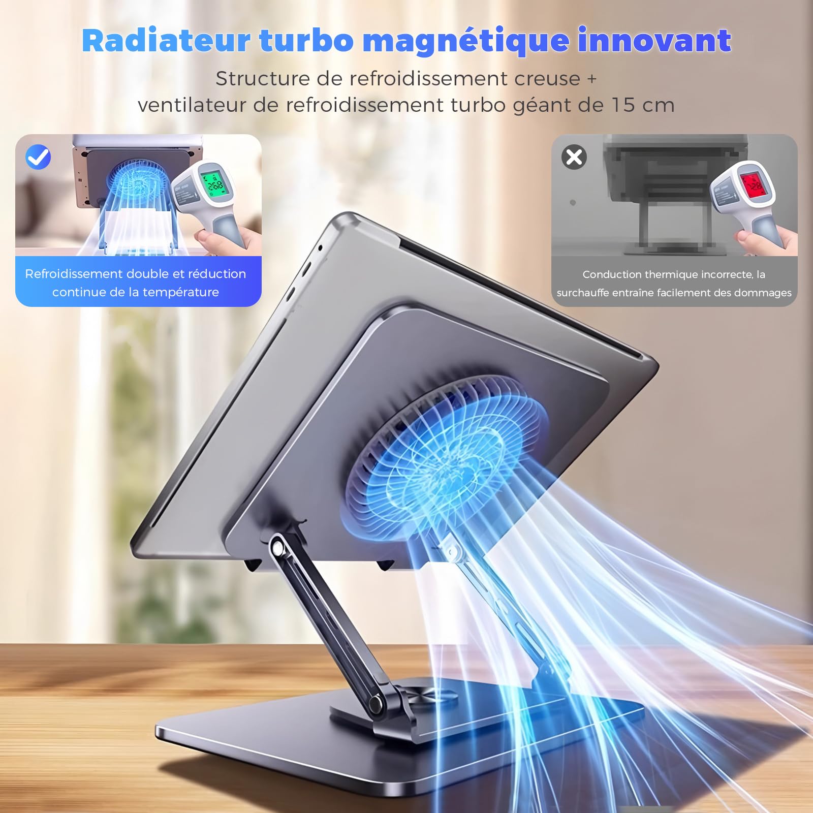 Support pour ordinateur portable en aluminium, rotatif à 360°, pliable, avec ventilateur magnétique pour le refroidissement, compatible avec MacBook et appareils de 10 à 17,3 pouces (gris