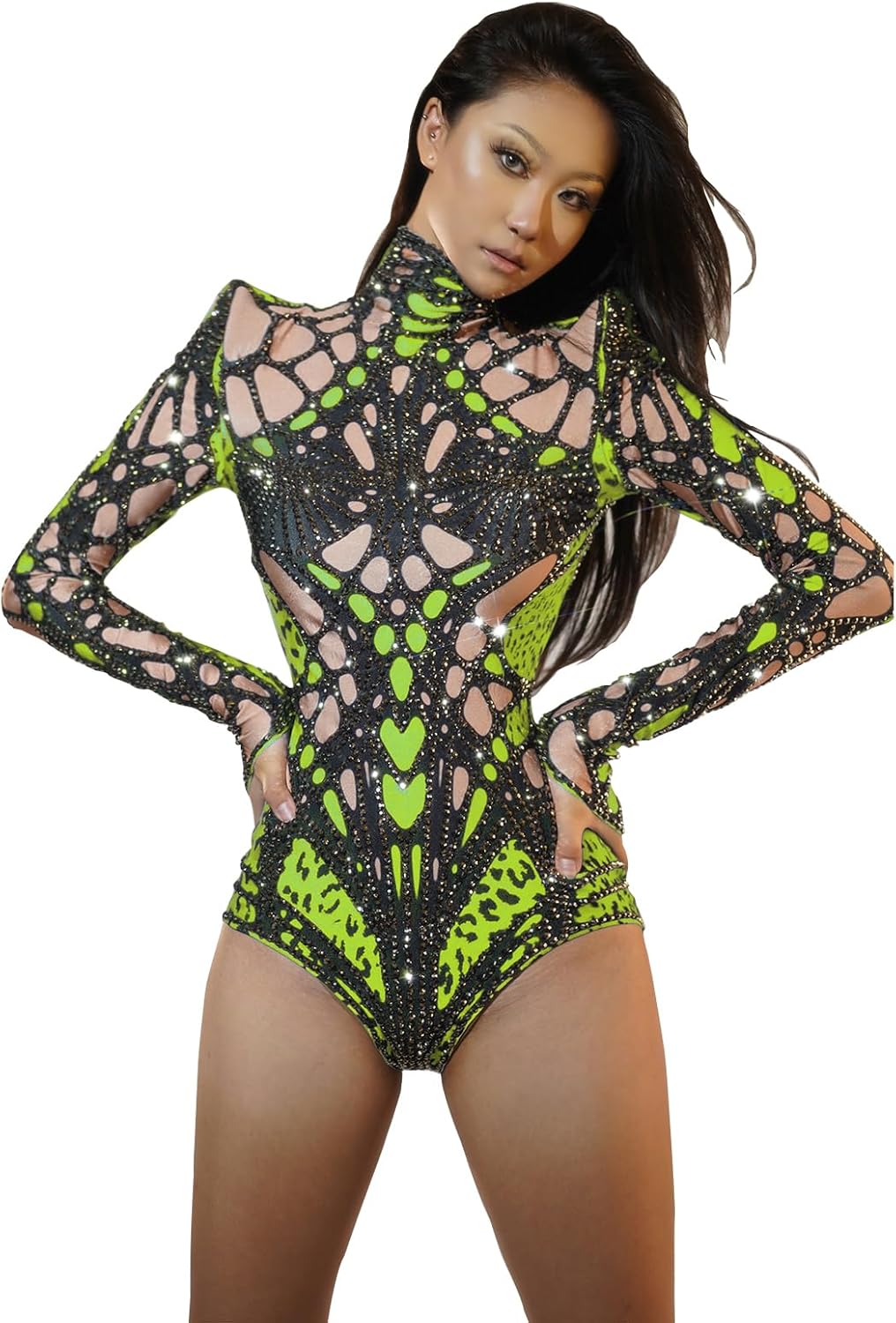 Fashion Goldenblue Glitter Printed Bodysuit Pole Dance Leotard Sexy Party Nightclub Celebrate Drag Queen Outfit