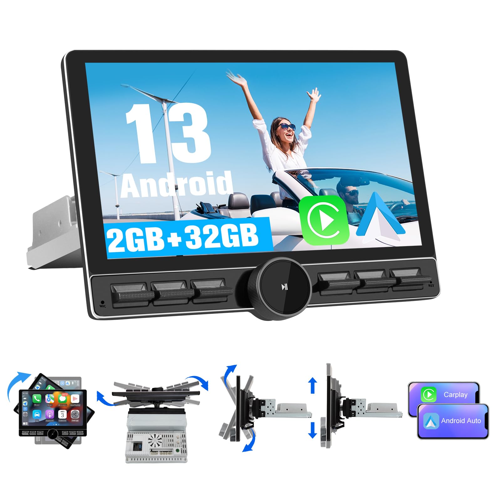 Android 13 Radio Coche 1 DIN Universal 8-Core con Pantalla Táctil y Giratoria de 10.6 Pulgadas, con 4G/CarPlay/AndroidAuto/Mirror Link, WiFi/GPS/Bluetooth/RDS/FMAMUSB/FM/Mandos del Volante