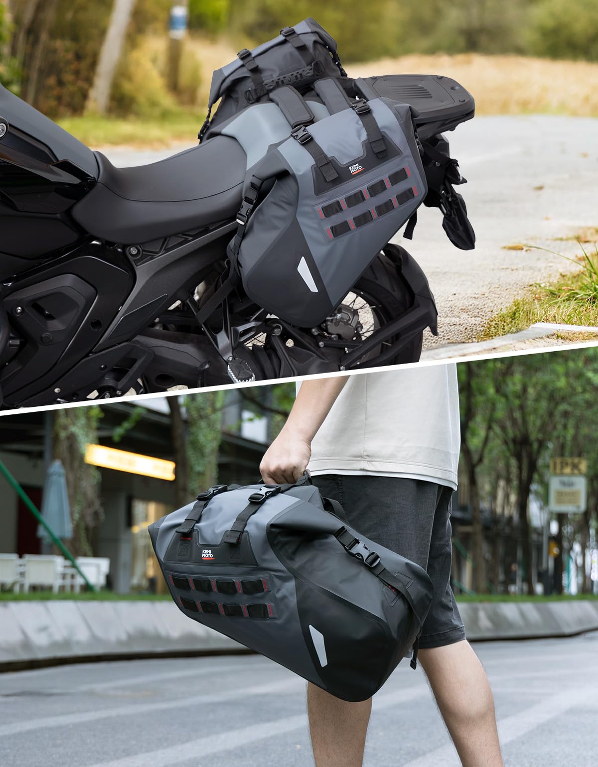 KEMIMOTO IPX6 wasserdichte Motorradsatteltaschen, PVC Weiche Packtaschen, Seitentaschen Hecktasche 30L (15L x 2) für Motorrad Enduro Dual-Sport-Bike Abenteuer-Reisegepäck Racklose Satteltaschen