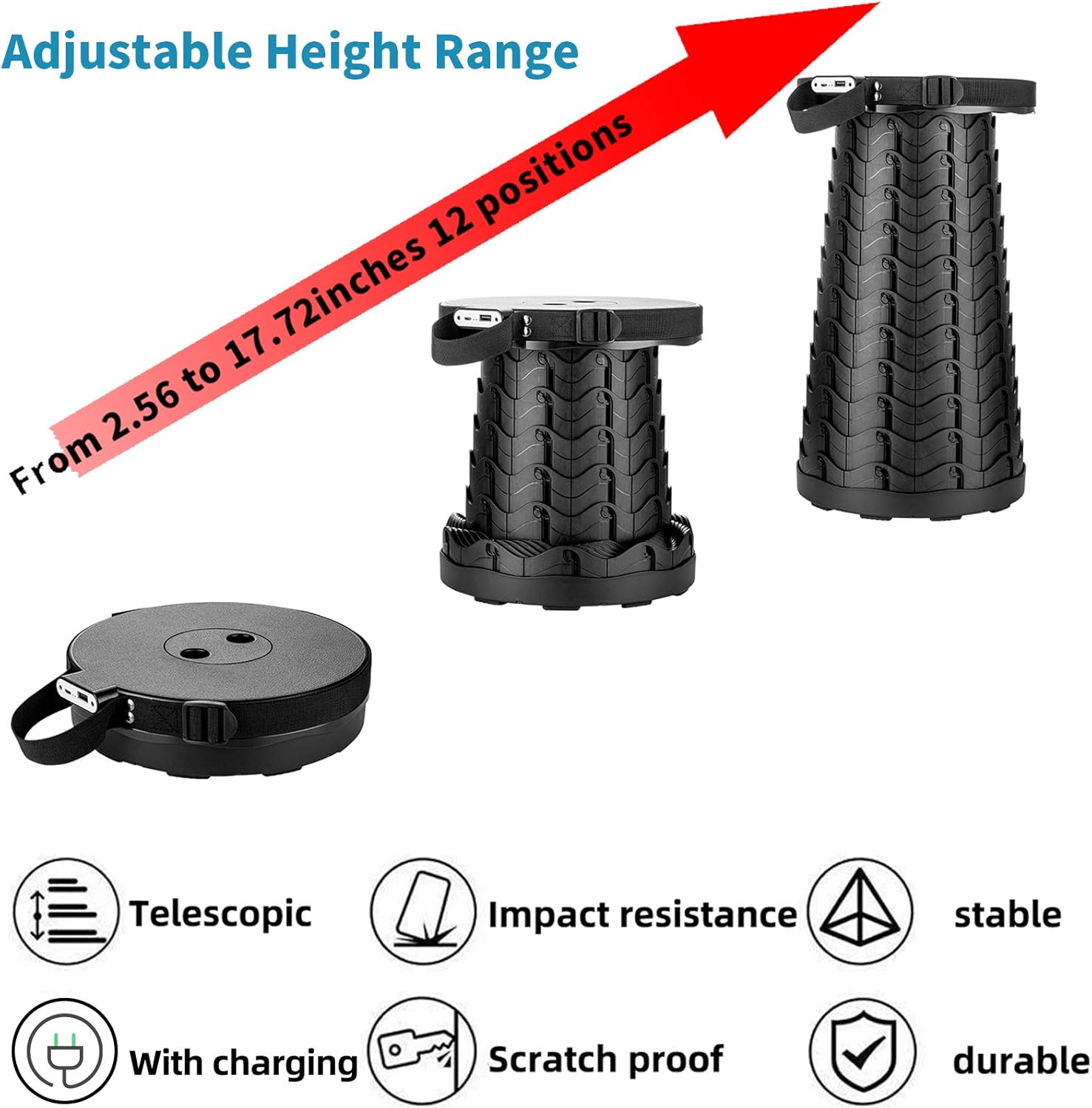Portable Telescopic Stool with Mobile Charger 4400mAh, Collapsible Stool Built-in Phone Charger for iPhone Android, Foldable Seat for Camping Hiking Fishing Picnic Max Load 400lbs