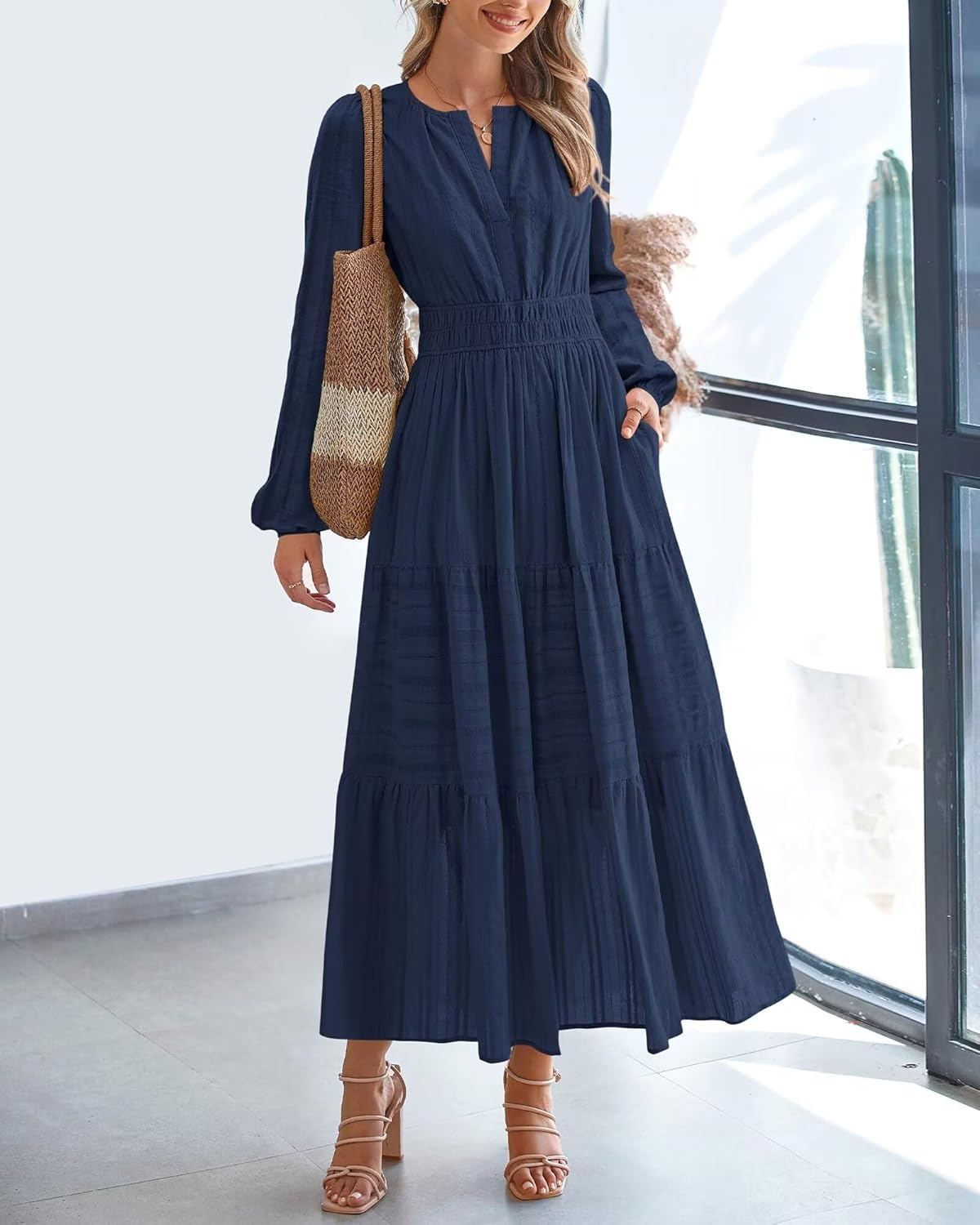 Fall Dresses for Women 2025 Wedding Guest Dress Long Sleeve Maxi Dress V-Neck Flowy A-Line Casual Dress Navy XXL - Image 2