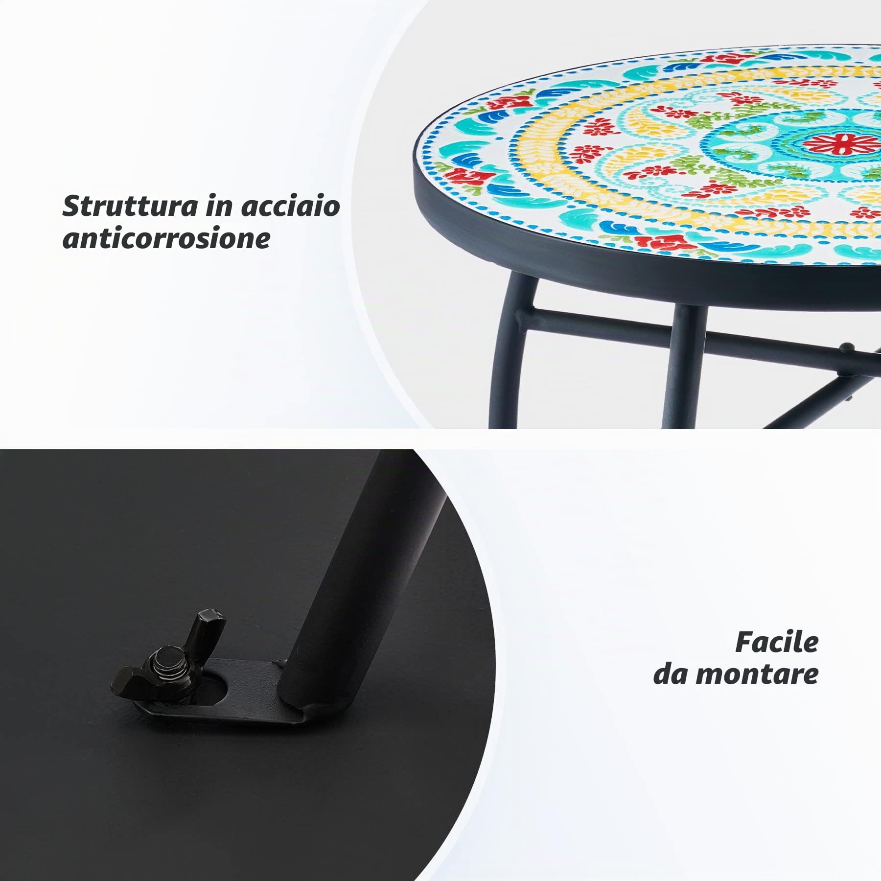 VONLUCE Tavolino Rotondo da Giardino, Supporto per Piante, Tavolo Mosaico con Piano in Piastrelle di Ceramica da 35,5 cm, Mobili da Esterno, Tavolino da Caffè per Casa e Giardino (Multicolore)