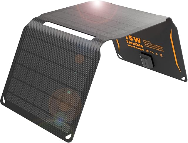 FlexSolar 15W Foldable Solar Panel, Waterproof IP67 Portable Solar Charger with USB Port Compatible with Phone Tablet PC for Outdoor Hiking Camping Fishing