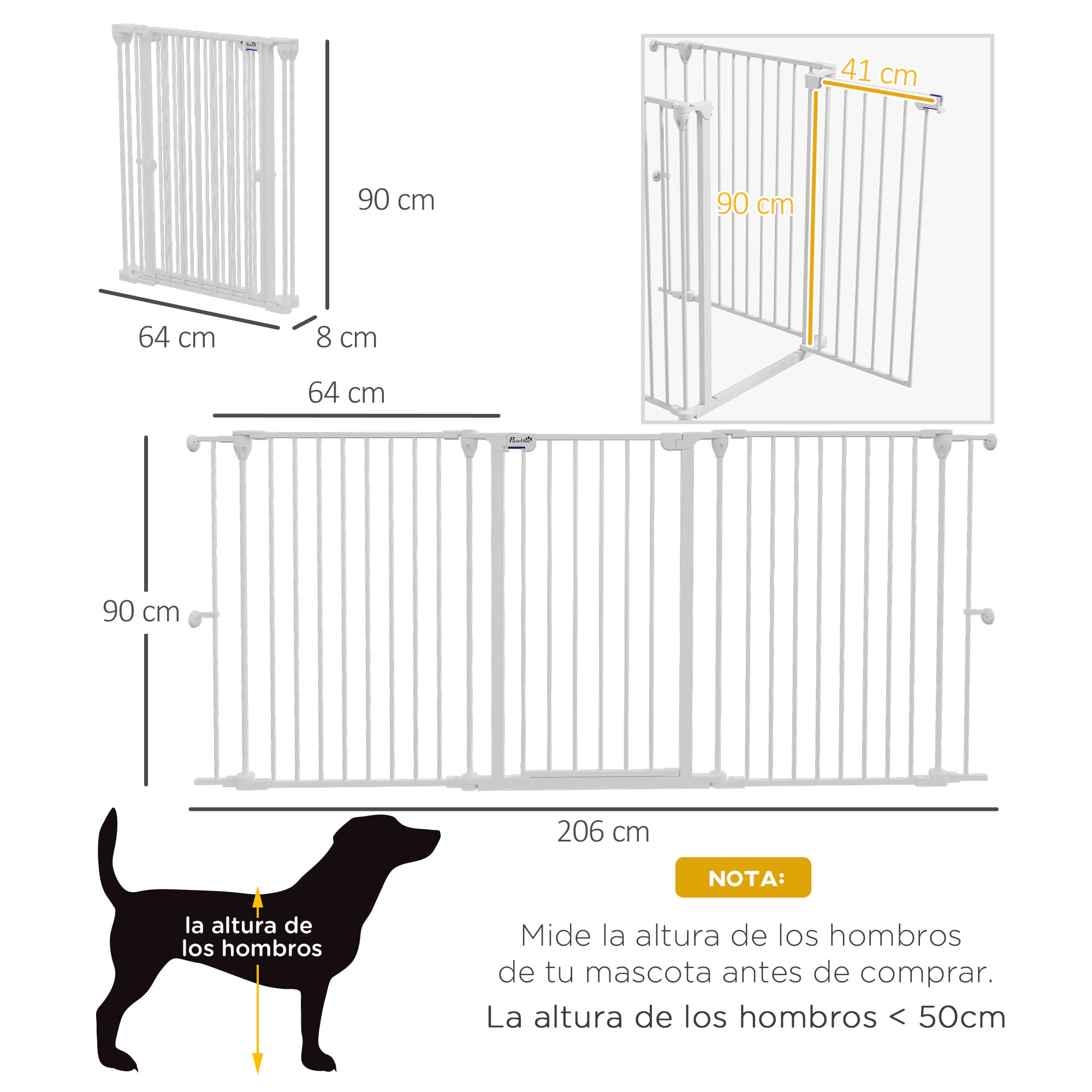 PawHut Barrera para Perros de Acero 206x90 cm Valla para Mascotas Plegable de 3 Paneles con Doble Cerradura y Función de Bloqueo Auxiliar para Puerta Pasillo Escalera Blanco
