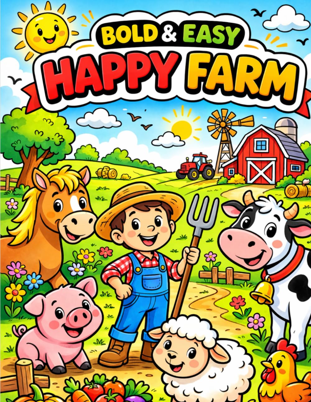 Bold & Easy Happy Farm: Coloring Book for Toddlers: Large & Simple Animal Illustrations for Kids Ages 3-6 | Fun & Educational Farm-Themed Coloring Pages for Preschoolers