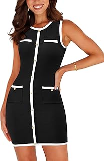 Women's 2025 Summer Sweater Dress Sleeveless Ribbed Knit Bodycon Mini Dresses Solid Color Button Short Dress - Buy now