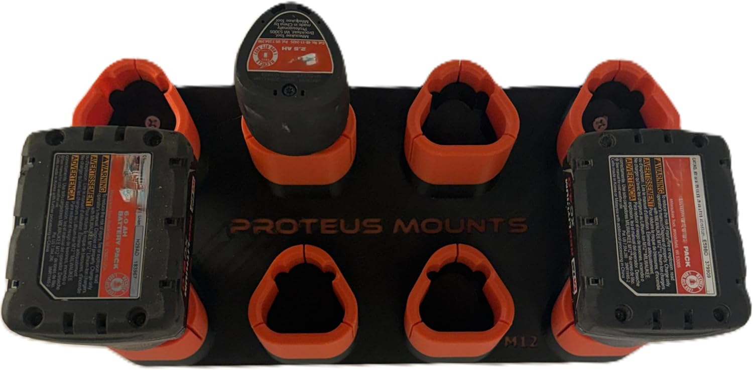 M12 Battery Organizer – Holds 8 Milwaukee M12 Batteries – Heavy-Duty Wall Mount Storage Rack – Made in USA- Proteus Mounts Secure-Lock (Holds 8 Batteries)