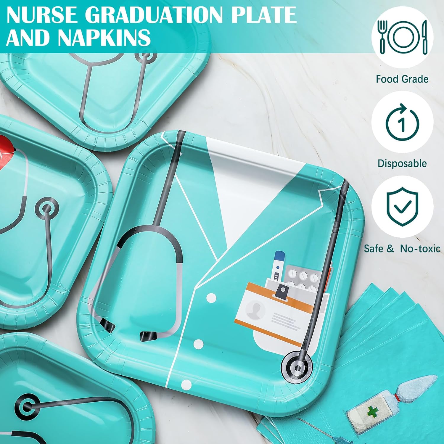 Maxcheck 200 Pcs Nurse Graduation Party Supplies 2026 Nurse Plates and Napkins Paper Dinnerware Dinner Dessert Doctor Medicial Plates Disposable Napkins for 50 Guest Cna Week Grad Party(Blue) - Image 3