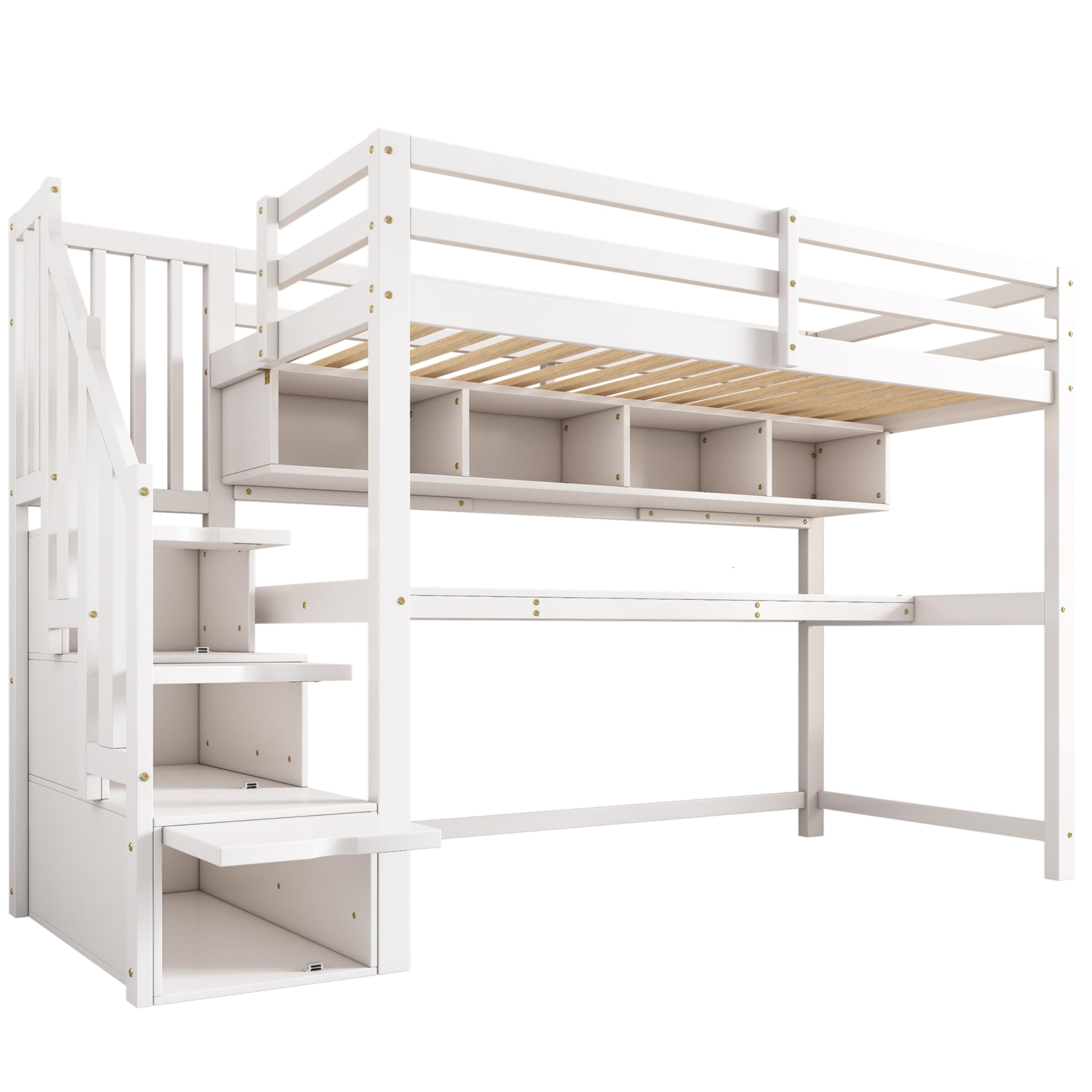 Sapgaks Lit superposé Enfant 90 x 200 avec Bureau et étagères,lit cabane Enfants 90 x 200,lit Mezzanine 1 Places avec Barriere,avec escalier de Rangement,Blanc