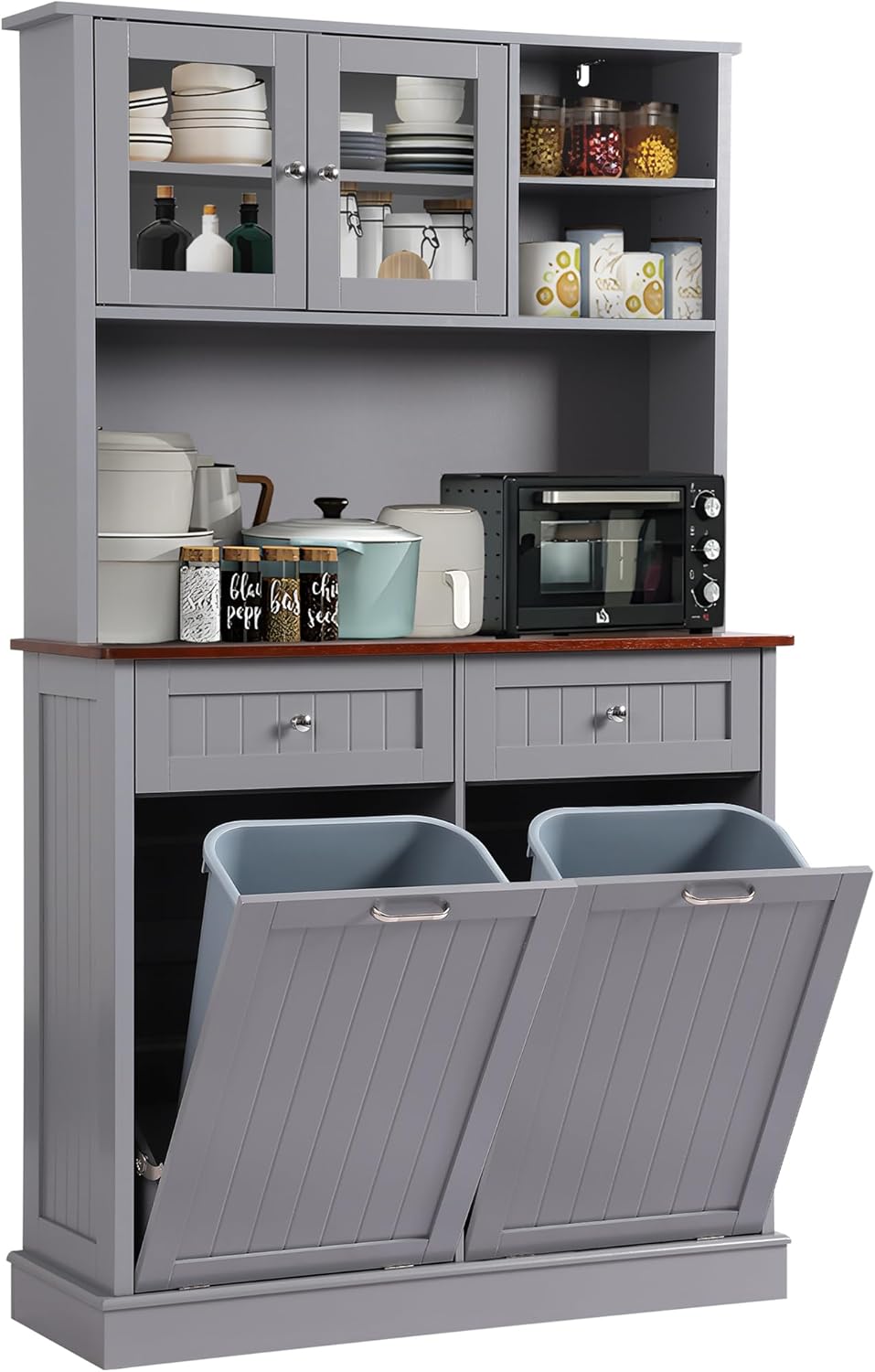 68.4" Kitchen Pantry Storage Cabinet, Freestanding Cupboard with Shelf, 2 Drawers and 1 Tilt Out Trash Cabinet, Tall Cabinets for Kitchen, Dinning Room, Living Room (Double-Tilt Out, Cream Grey)