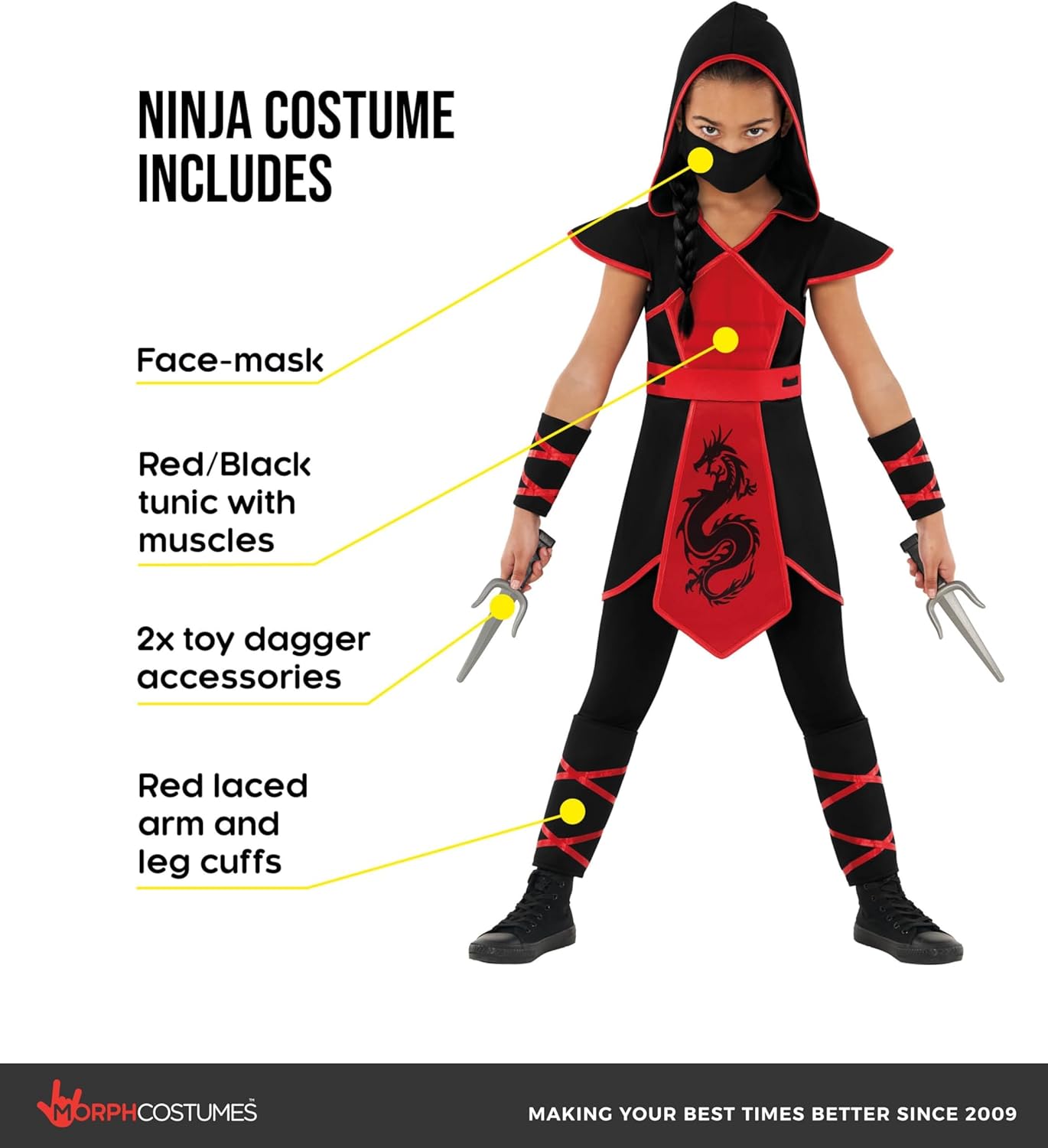 Morph Ninja Costume for Kids, Ninja Outfit Set for Girls, Red and Black Stealth Jumpsuit, Girls Halloween Costumes