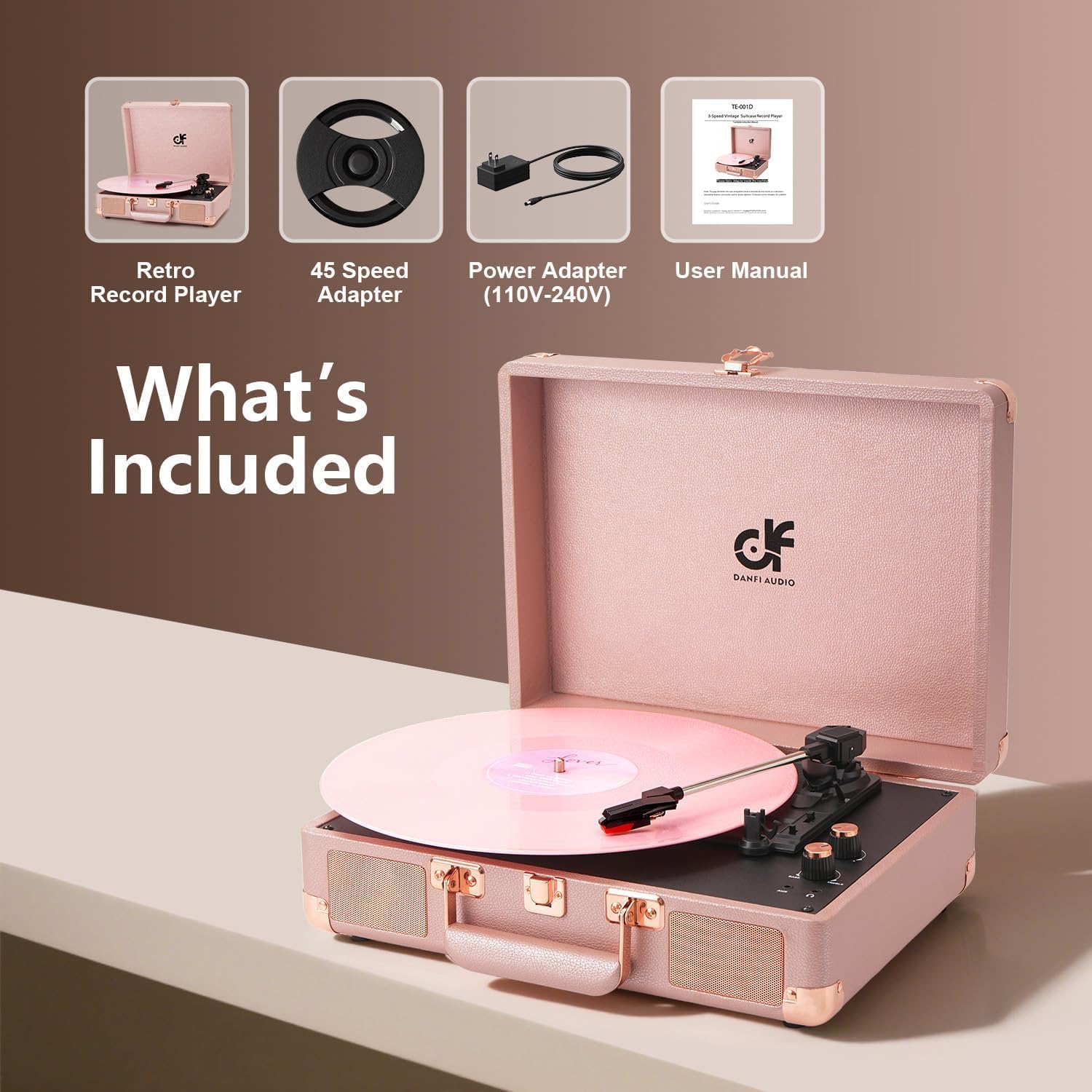 Vinyl Record Player 3-Speed Portable Suitcase Record Player with Built-in Speakers, Headphone Jack, RCA-Out/AUX-in, Vintage Belt-Driven Turntable, Pink & Rose Gold