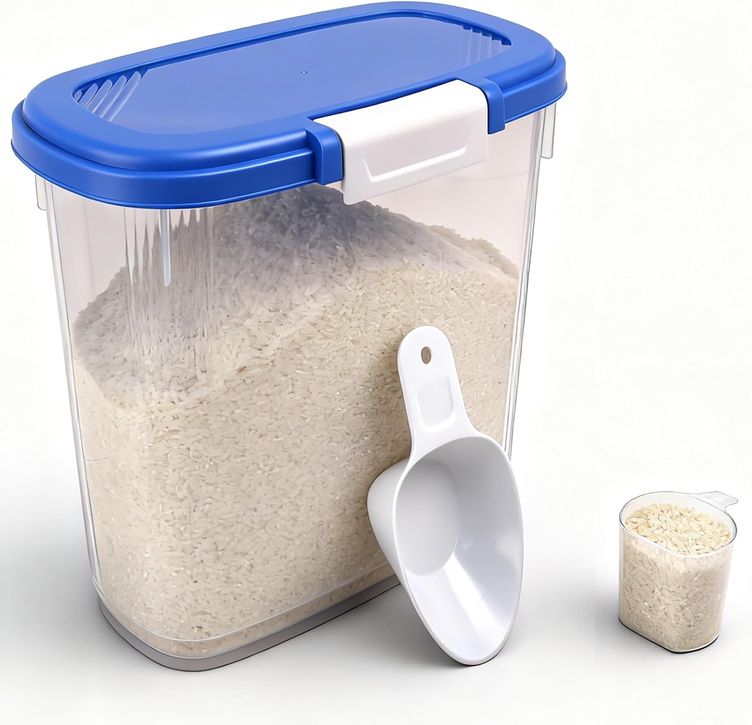Large Rice Storage Container 20 Lbs - Tall Flour Container with Scoop + Cup - Slim Dry Food Storage Bin for Cereal, Sugar, Beans, Pet Dog Cat Food Container - Kitchen and Pantry Storage Organization Sapphire Blue