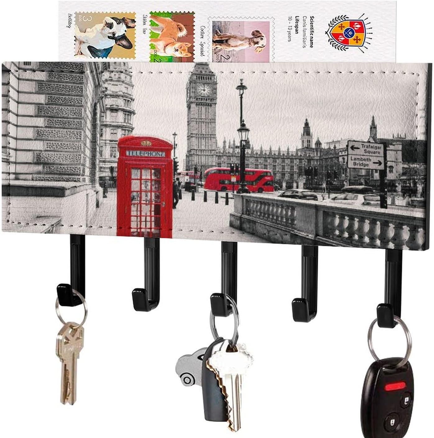 Key Holder Wall Mount Key Hanger with 5 Hooks, Decorative Key Rack | Red Phone Booth London Street Hanging Key Hooks with Mail Organizer for Wall Living Room Kitchen Bathroom Hallway