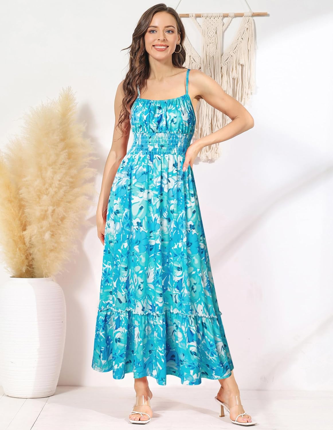 GRACE KARIN Summer Dresses for Women 2026 Vacation,Smocked Floral Maxi Dress,Boho Beach Sundress with Pocket Fashion Clothing - Image 4
