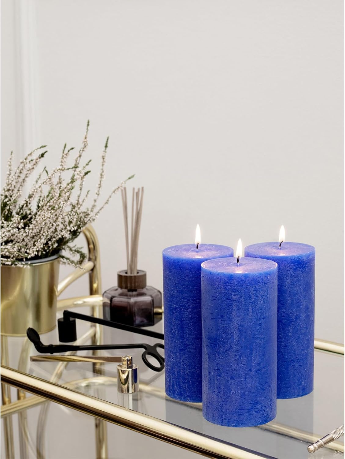 CANDWAX Large Pillar Candles 3x6 Inch – Set of 3 Unscented Dripless Blue Candles, Rustic Style for Events, Home Interior, Weddings