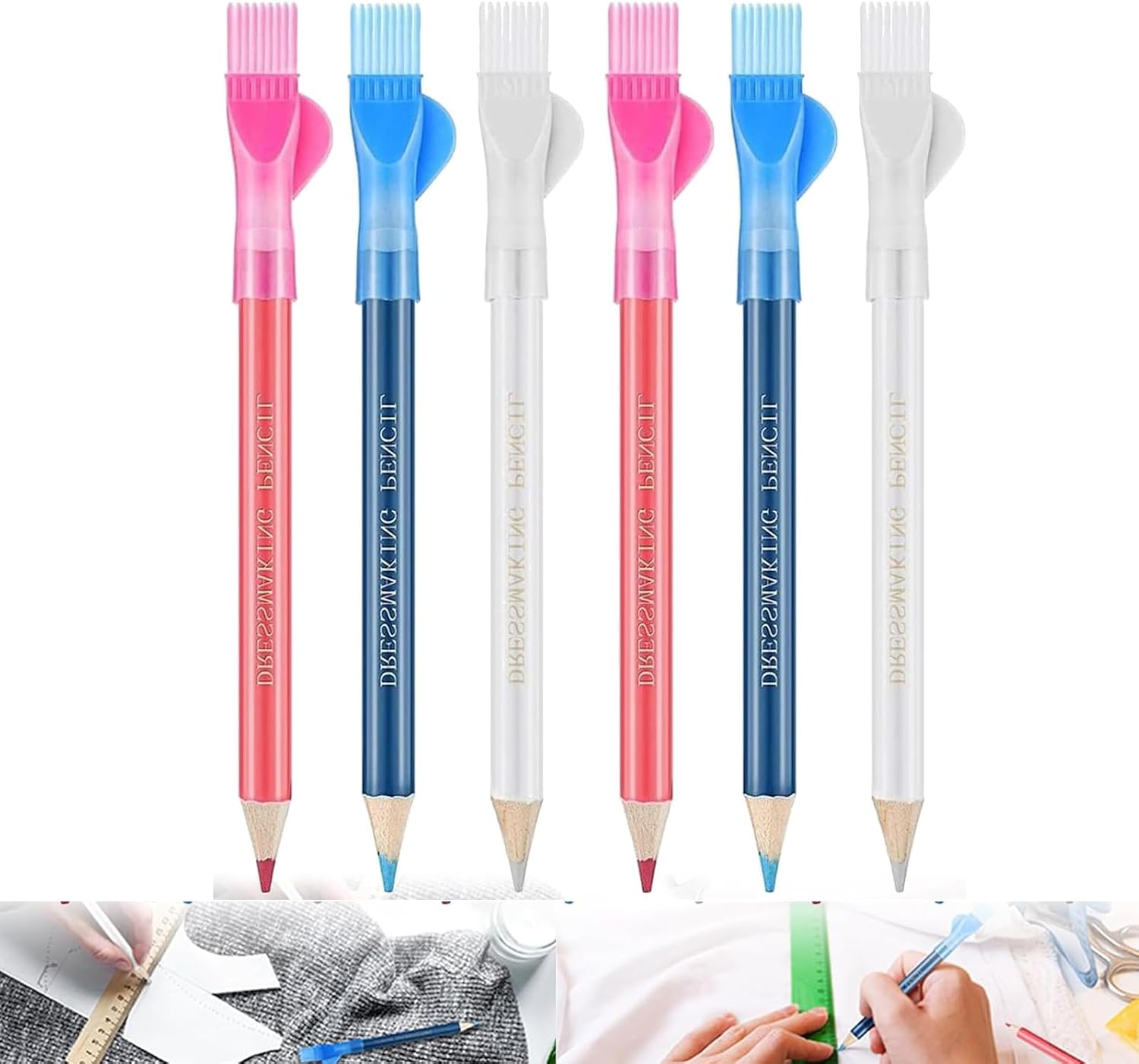 6 Pieces Sewing Marking Pencils Erasable Fabric Pencils For Tailor Marking Fabric And Tracing Tool (Blue+Pink+White)