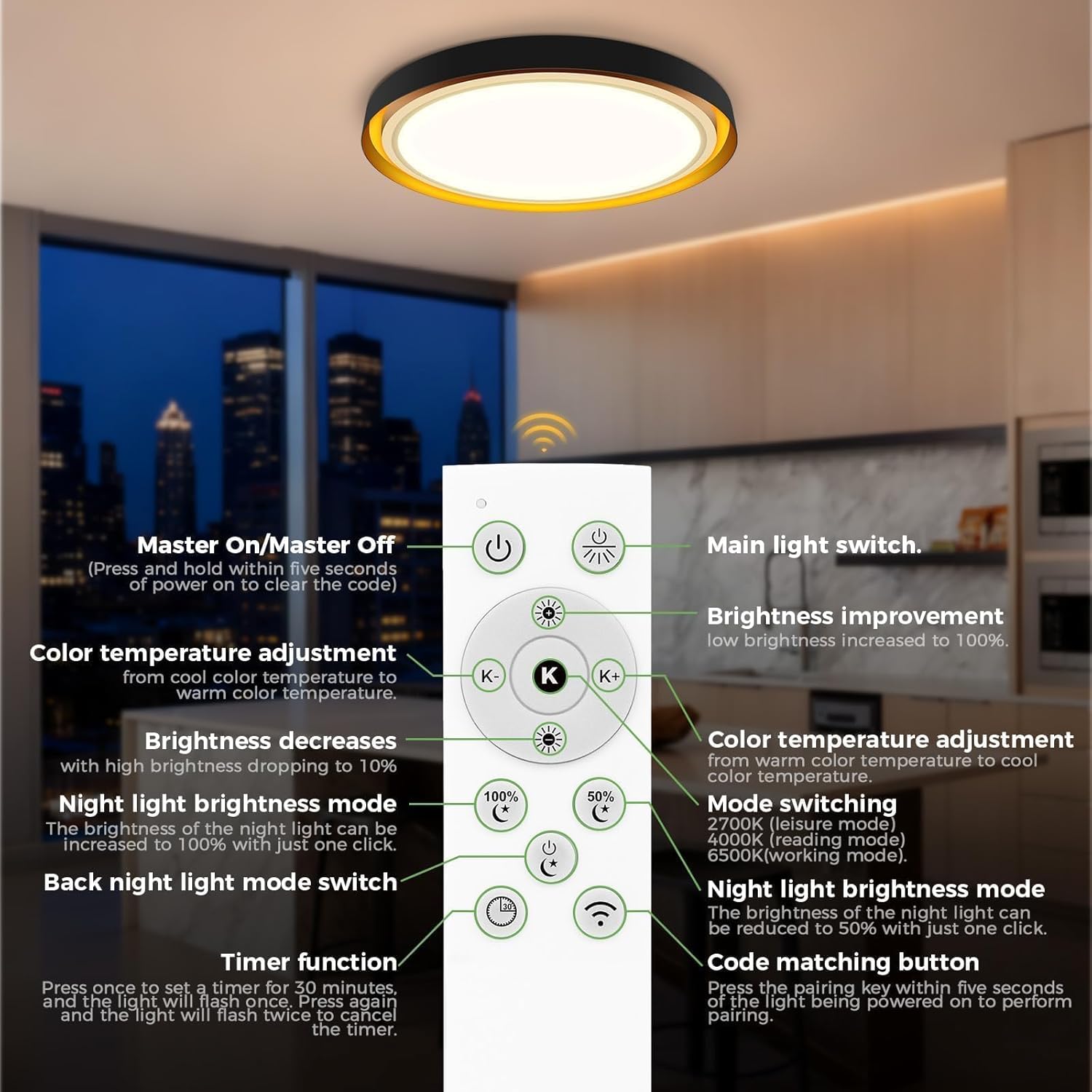 zemty 13inch Morden Black LED Flush Mount Ceiling Lights with Remote, 3 Color Temperature Selectable/Dimmable, 24W 2400LM Light Fixture with Amber Night Light for Bedroom Bathroom Kitchen Basement