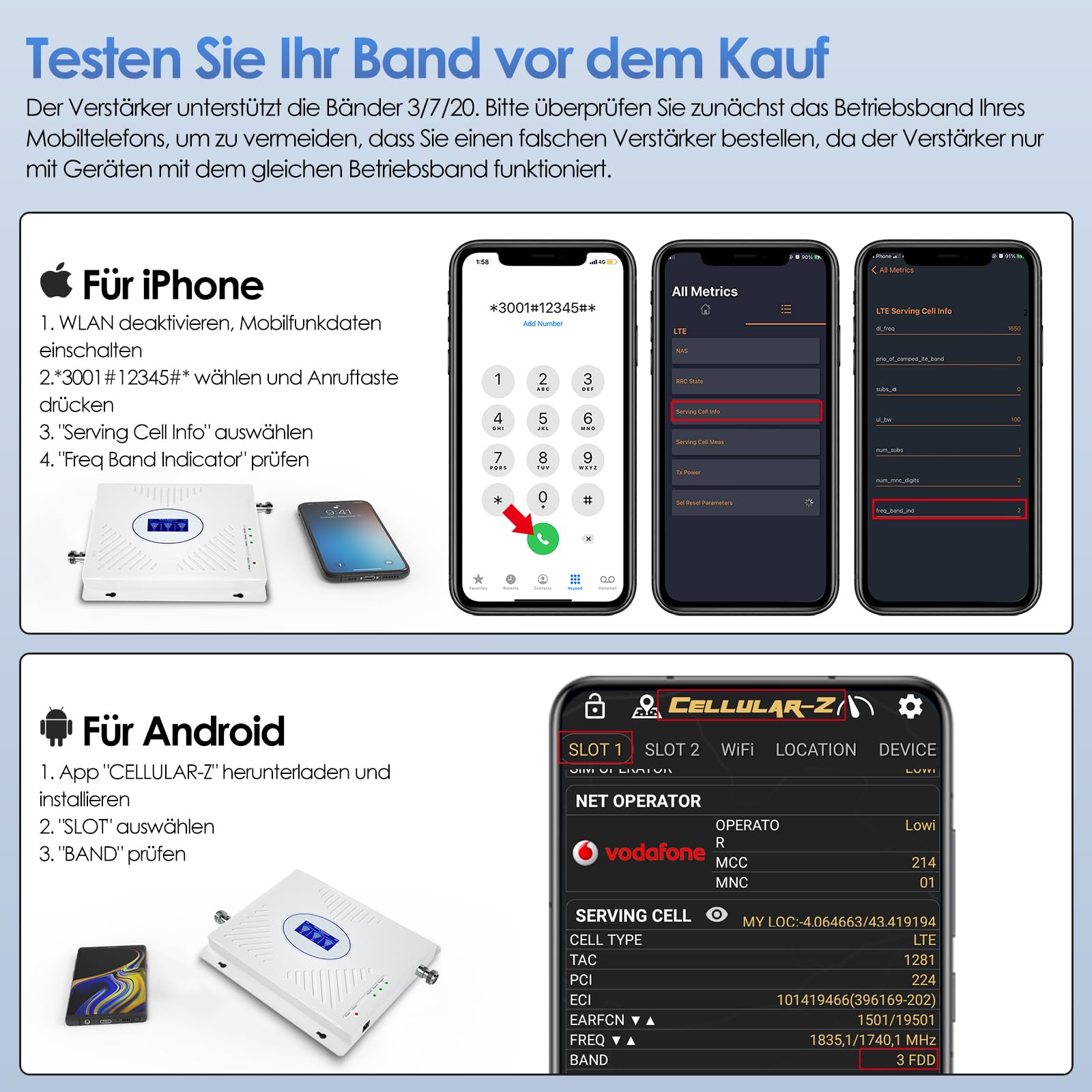Mobilfunk Verstärker für Haus und Büro, 4G LTE 3G GSM Handy Empfangsverstärker Signalverstärker Band 3/7/20 800/1800/2600MHz Mobilfunk Repeater für Vodafone O2 Telekom T-Mobile