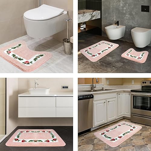 Miniatura 6 de CALOPPS Juego de 2 alfombras de baño, tapete de baño en forma de U, tapete de baño rosa, antideslizante, fuerte, absorbente, de secado rápido (rosa)