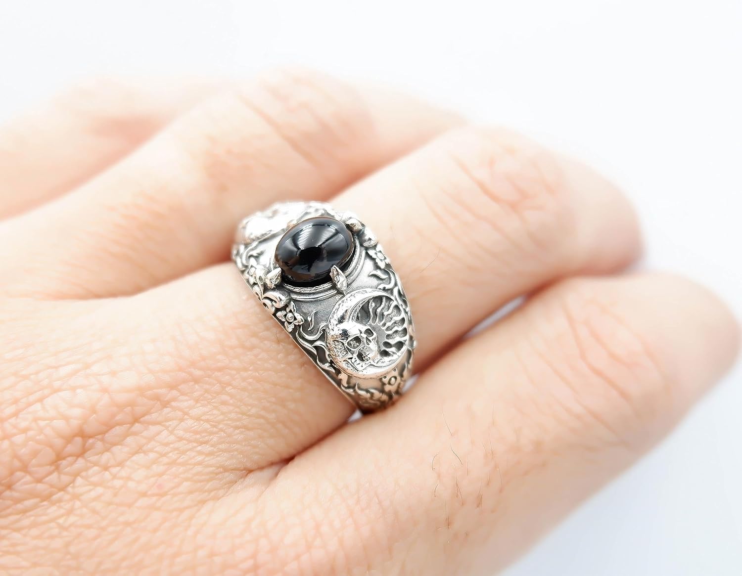 925 Sterling Silver Onyx Sun half Moon Skull Sunshine Ring Size 6-15