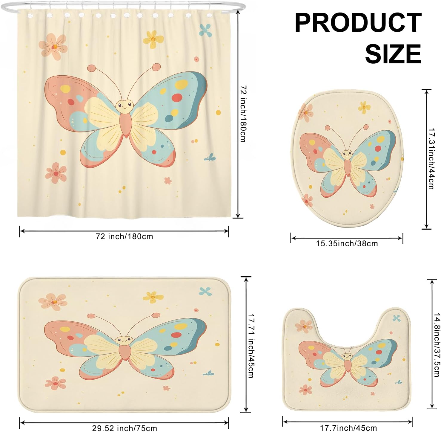 4PCS Cartoon Kids Butterflies Bathroom Accessory Sets with Non-Slip Rug, U Shape and Toilet Lid Cover Mat, Cute Fun Retro Bathroom Curtain Fabric Decor-72''x72''