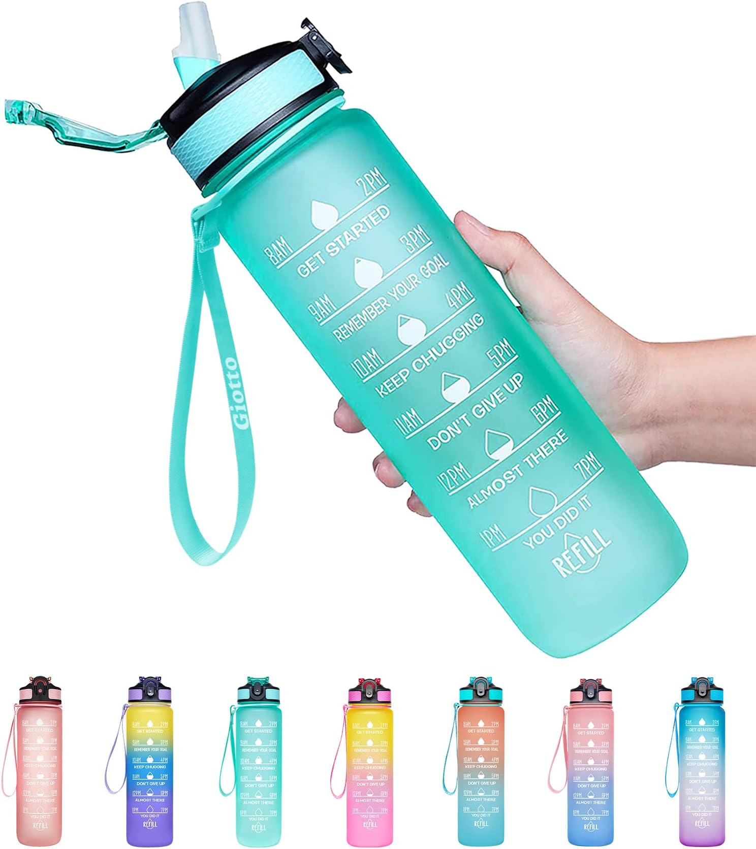 Giotto 32oz Large Leakproof BPA Free Drinking Water Bottle with Time Marker and Straw to Ensure You Drink Enough Water Throughout The Day for Fitness and Outdoor Enthusiasts