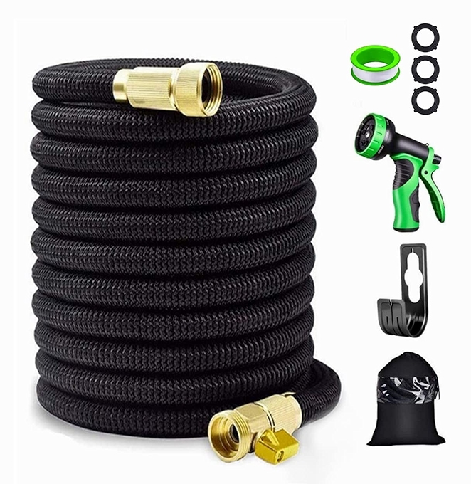 伸缩园艺水管，带多功能喷头和铜接头，防缠绕三层乳胶核心，户外清洁理想工具