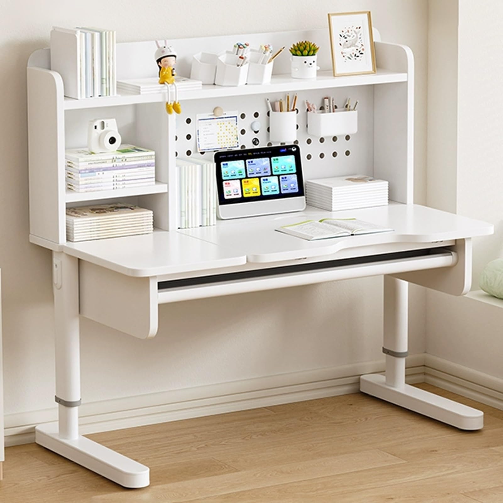 MYUYEE Adjustable Manual Standing Desk With Pegboard Storage - Stand Up Desk For Home Office, Easy To Install, Sit Stand Desk With Adjustable Tabletop (White-47.2In)
