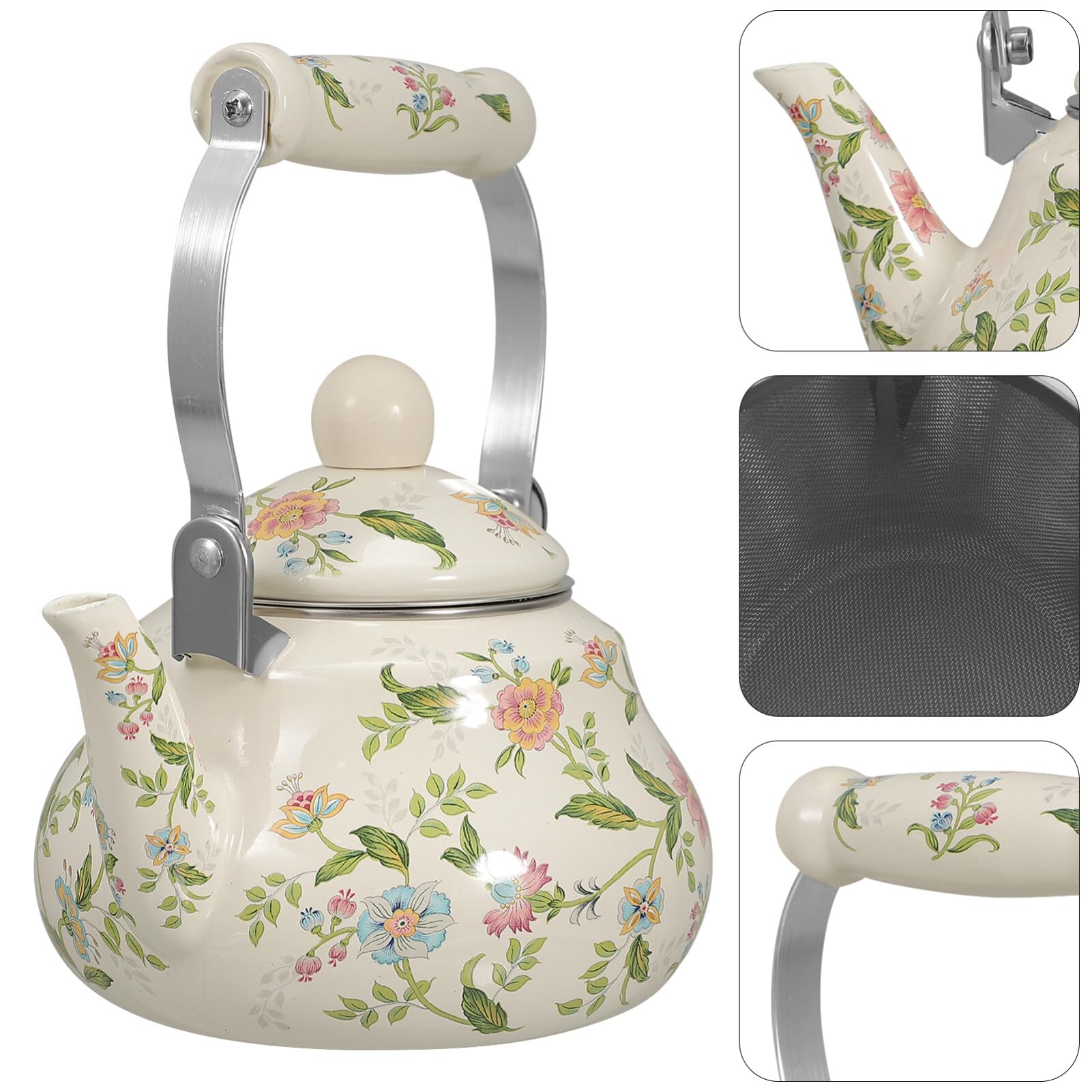 BESTonZON Ceramica Smaltata Motivo Floreale Teiera con Colino Per La Stufa Teiera in Porcellana Smaltata 2 L, Bollitore smaltato bollitore sul fornello fioritura arredamento