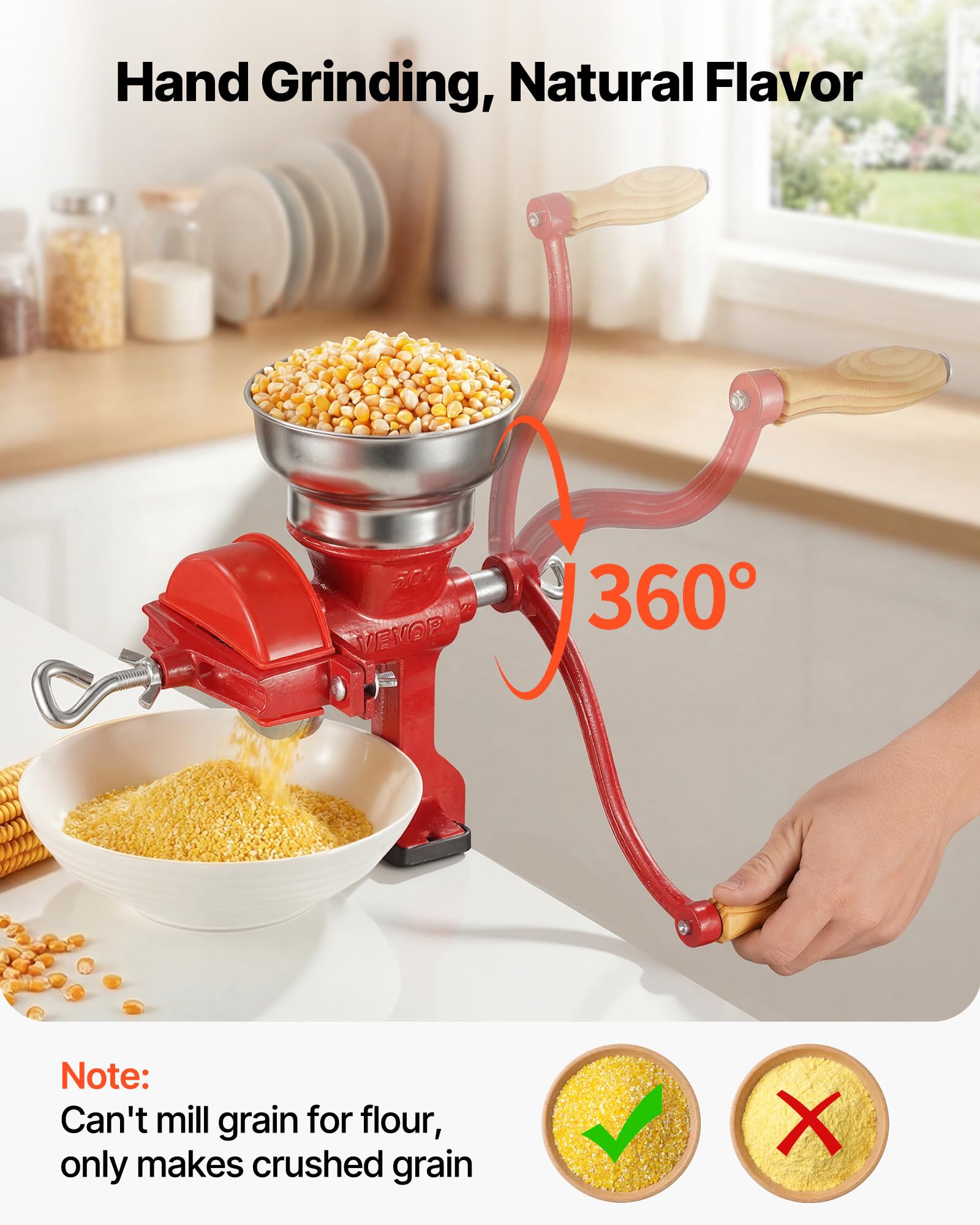 VEVOR Molinillo de Cereales Manual con Manivela y Tolva Baja de 7 cm, Molino de Granos de Hierro Fundido, con Abrazadera de Mesa Estable y Cubierta Antipolvo, para Especias, Café, Nueces, Cereales