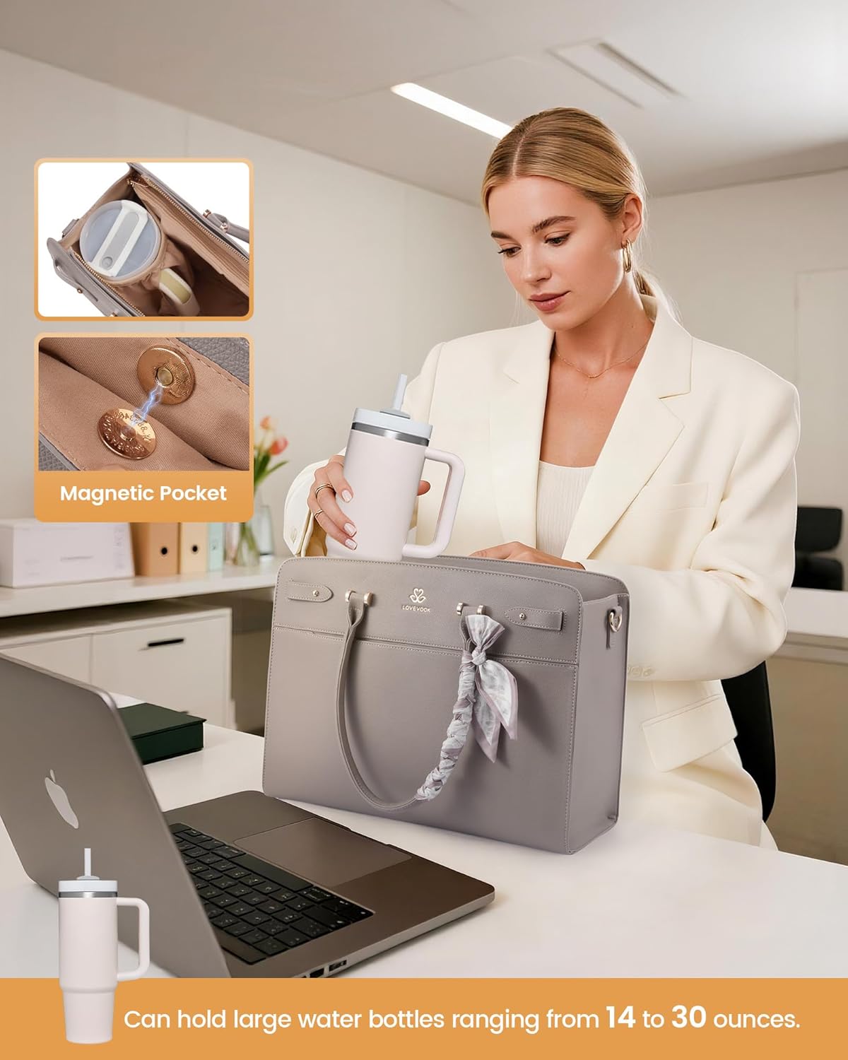 LOVEVOOK Laptop Tote Bag for Women, Faux Leather Work Bag Waterproof Briefcase Handbag for Teacher Business with Silk Scarf